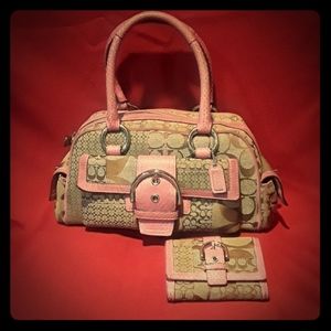 Coach Signature Brown Pink Leather purse and walle